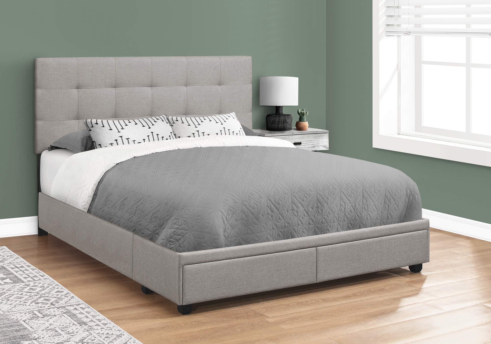 Monarch Specialties I 6020Q Bed, Queen Size, Platform, Bedroom, Frame, Upholstered, Linen Look, Wood Legs, Grey, Transitional